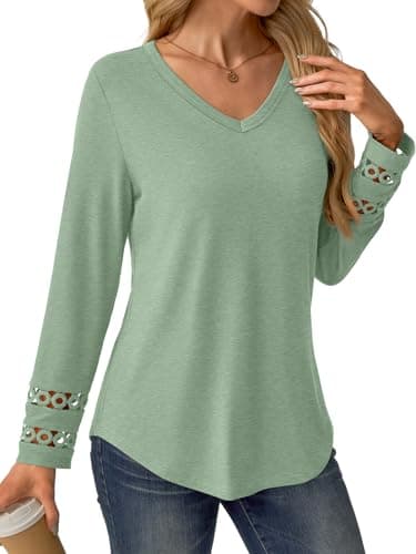 GKBK Women’s Long Sleeve V Neck Tunic Top Casual Dressy Blouse Business Loose Fit Trendy 2025 Fall Outfits Light Green S - Thumbnail 3