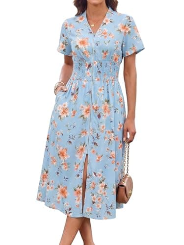 GRACE KARIN Womens Summer Maxi Floral Dress Casual 2026 Long Zipper Dresses Boho Flowy Beach Vacation Sundress with Pockets Light Blue Floral XL - Image 1