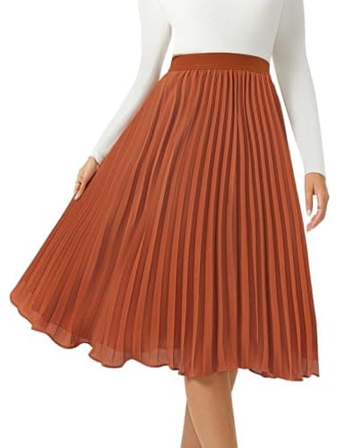 Women's Midi Skirt Elastic High Waist Pleated Skirt Knee Length Swing A-Line Casual Flowy Skirts 2025 Red Brown,XXL - Image 1