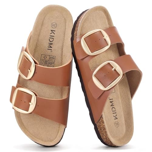 KIDMI Women's Cork Footbed Slide Sandals Comfortable Arch Support Outdoor Sandal with Big Adjustable Buckle for Summer Brown Size 8-8.5 (39) - Image 1