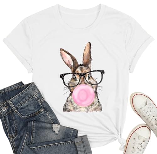 Easter Shirt for Women Funny Cute Bunny Wearing Glasses Leopard Tshirt Happy Easter Rabbit Lover Shirt Holiday Tee Top - Image 1