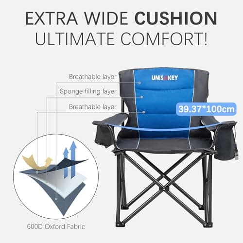 Unisakey Oversized Folding Camping Chair for Adults - 450lbs Support - Heavy Duty Portable Lawn Chairs with Side Pocket Cup Holder Cooler Bag for Sports Garden Beach Fishing, Blue 2 Pack - Thumbnail 5