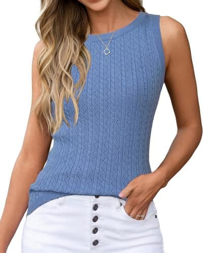 Arach&Cloz 2026 Womens Cashmere Tank Tops Summer Spring Sleeveless Vest Cable Knit Hollow Out Lace Crew Neck Soft Sweater Cute Fashion Dressy Business Casual Outfits Trendy Work Clothes Blue L - Image 1