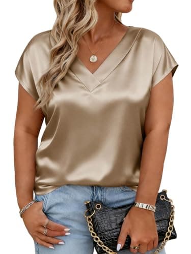 Beautife Womens Plus Size Tunic Tops Satin V Neck Cap Sleeve Shirts Summer Dressy Casual Blouses Champagne - Image 1