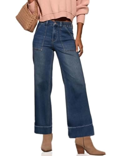 YABNILL Women's High Waisted Wide Leg Jeans Casual Stretchy Sweat Pant Denim Pants with Pockets Trendy 2025 Fall Dark Blue - Thumbnail 5