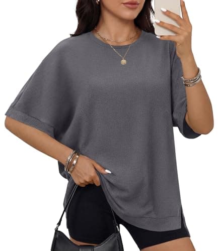 ANRABESS Women Oversized Waffle Knit T-Shirts Summer Casual Short Sleeve Tunic Tops Side Spilt Tee Shirts 2026 Trendy Clothes Grey Medium - Image 1
