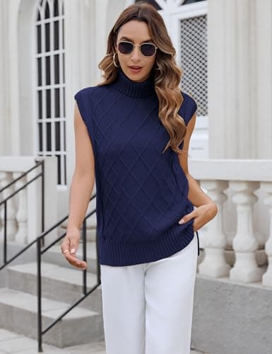 Totatuit Women Vintage Sleeveless Turtle Neck Knit Sweater Vest Cap Sleeve Loose Fit Trendy Casual Tank Top(Navy Blue, Small) - Thumbnail 6