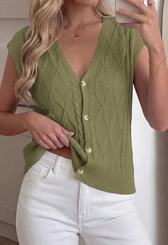 BTFBM Sweater Vest Women V Neck Cap Sleeve Button Down Knit Tops Spring Summer 2026 Loose Lightweight Cardigan Vests(Army Green, Medium) - Thumbnail 5