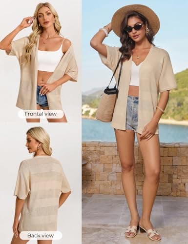 GRACE KARIN Crochet Cardigans Sweater for Women Lightweight Short Sleeve Knit Kimono Open Front Boho Swimsuit Cover Up Apricot - Thumbnail 2