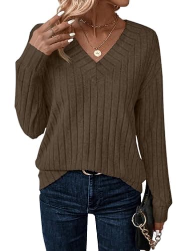 JUSTFASHIONNOW Womens V Neck Long Sleeve Shirt Winter Fashion Tunic Tops Dressy Casual Sweaters 2025 Trendy Work Blouses Outfits(Coffee,XX-Large) - Image 1