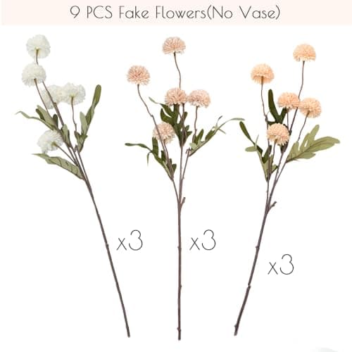 trytuny Fake Fall Flowers for Vase, Faux Silk Kiku Mums, Artificial Pom pom Floral Bouquets Indoor Centerpiece Office Coffee Table Boho Home Decorations (9, Mixed Cream) - Thumbnail 3