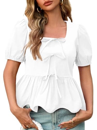 Tankaneo Womens Summer Peplum Babydoll Tops Square Neck Short Puff Sleeve Blouses Cute Ruffle Bow Shirts White - Image 1