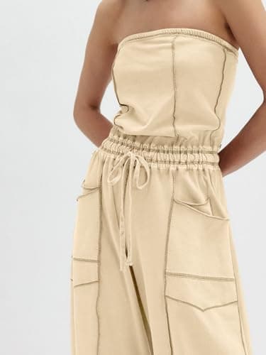 Sexyasasii Jumpsuits for women Strapless Romper Summer Casual Off the Shoulder Long Barrel Pants One Piece Outfits with Pockets - Thumbnail 4