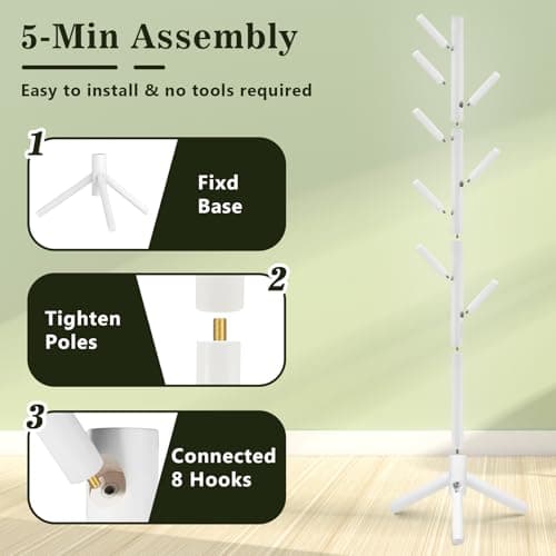 OUTGAVA Wooden Coat Rack Freestanding with 8 Hooks,Easy Assembly New Zealand Pine Tree Coat Racks, 3 Adjustable Sizes for Clothes, Hats, Bags, for Entryway, Hallway, Bedroom, Office (White, 2 PCS) - Thumbnail 5