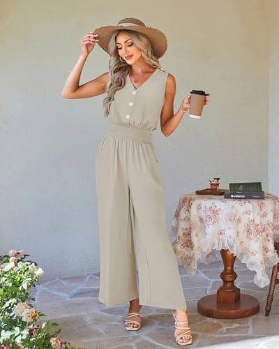 LOOKBOHO Women Sleeveless Jumpsuit Dressy Casual V Neck Wide Leg Pants Romper CuteOne Piece Summer Elegant Outfit(AT,S) - Thumbnail 4