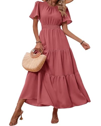 PRETTYGARDEN Women Casual Dresses Trendy Puff Sleeve Crew Neck Elastic Smocked Waist Flowy Prom Party Beach Dress(Solid Bean Paste Red,Large) - Image 1