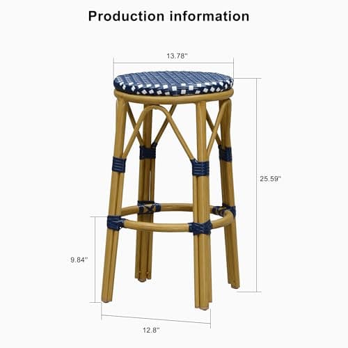 PURPLE LEAF Patio Round Counter Height Stool Set of 2 Outdoor Backless Barstools Aluminum Frame in Bamboo Finish with Navy Blue&White Woven Rattan for Indoor Kitchen Dining Bistros Cafe Restaurant - Thumbnail 2