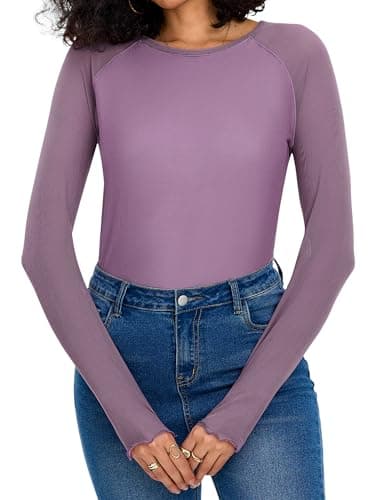 Totatuit Women Sexy Mesh Long Sleeve Tops Lace Sheer Blouse Shirts with Thumb Holes Double Lined Round Neck Fitted Tops Trendy Outfits Fuchsia Small - Image 1