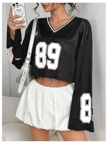 Milumia Women's Jersey Shirts Y2k Number Print Long Bell Sleeve Crop Tops Football Jersey Black Medium - Thumbnail 4