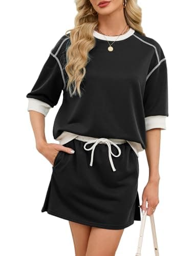 aswulk Womens Sweatsuits 2 Piece Set Crewneck Half Sleeve Sweatshirts Elastic Waist Tops and Skort Skirts Tennis Shorts Sets Black S - Image 1