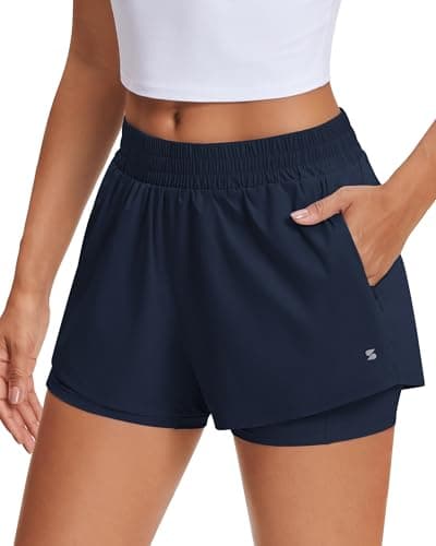 Stelle Women's 2 in 1 Running Shorts Athletic Workout Gym Shorts High Waisted Shorts with Liner Zipper Pockets (Navy, Small) - Image 1