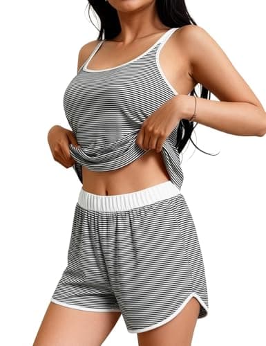 JUSTFASHIONNOW Womens Striped Tank Top Pajama Sets Summer Cami and Shorts Pjs Set Two Piece Short Set Comfy Sleepwear Loungewear(Black,Small) - Image 1