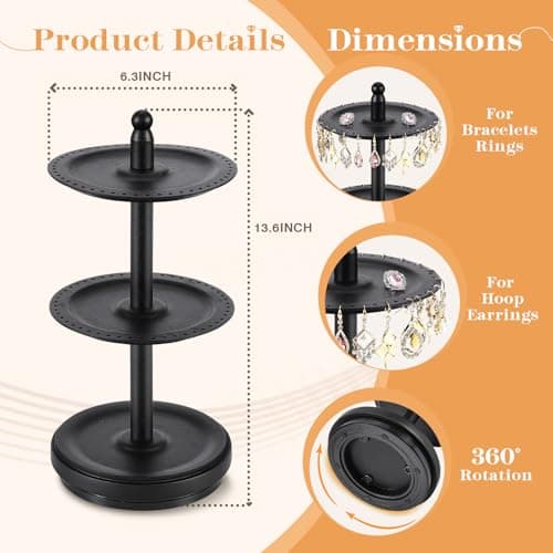 BNING Earring Holder Organizer, Rotating Solid Wood Earring Organizer Stand for Women Girls, 3-Tier Jewelry Holder Tree With 102 Holes for Display, Gifts for Her (Black) - Thumbnail 4
