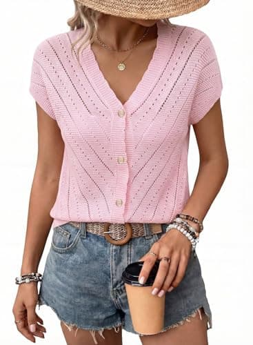 Dokotoo Cruise Outfits for Women 2026 Summer Crochet Tops Short Sleeve V Neck Pullover Sweaters Button Down Fashion Clothing Solid Crochet Boho Tops Beach Vacation Clothes Casual Knit Top,Pink Large - Image 1