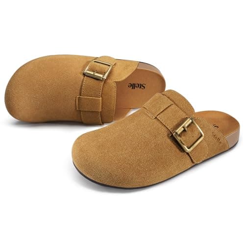 Stelle Suede Clogs for Women Men Potato Shoes with Arch Support Leather Cork Footbed Mules Slip on Home Slippers(Caramel,10) - Image 1