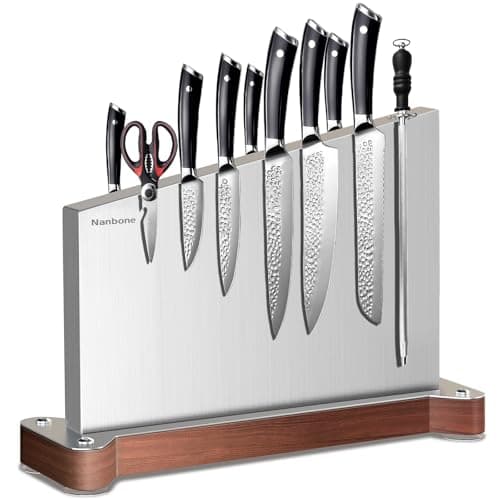Nanbone Magnetic Knife Block Without Knives Large Double Side Magnetic Knife Holder Stand with Strong Magnet, Stainless Steel Knife Storage Organizer for Kitchen Counter Knife Rack Three Magnet Strip