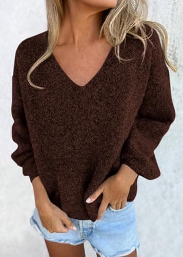KIRUNDO Sweaters for Women Fall 2026 Oversized V Neck Cozy Cute Casual Long Sleeve Knit Pullover Trendy Winter Clothing(Brown, Large) - Thumbnail 3