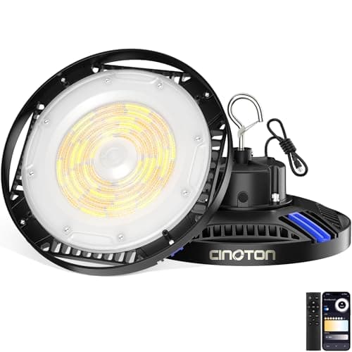 CINOTON Smart UFO LED High Bay Light 150W 21000lm, 2700K-6500K 1-100% Brightness Stepless Dimm Aluminum Shop Lights, ETL Listed Bay Lighting for Garage Factory, Via APP/Alexa/Remote Control, 2 Pack - Image 1