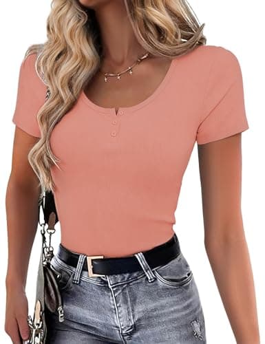 Womens Short Sleeve Shirts Stretchy Henley T Shirts Summer Tops 2026 Scoop Neck Casual Ribbed Knit Fitted Casual Basic Top T-Shirts Coral L - Image 1