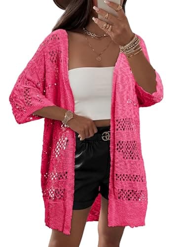 KISSMODA Summer Crochet Lightweight Cardigans for Women Rose Oversized Short Sleeve Boho Open Front Cardigan Sweater for Art Gallery Visits S - Thumbnail 2