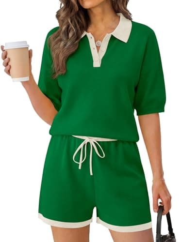Tankaneo Womens 2 Piece Sweater Short Sets 2026 Summer Vacation Outfits Short Sleeve Knit Collared Tops Matching Lounge Set - Image 1