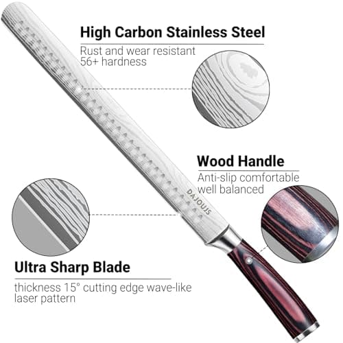 DAJOUJS Brisket Knife Meat Carving Knives - 12 Inch Ultra Sharp High Carbon Steel Kitchen Carving Slicing Knife with Ergonomic Wood Handle & Gift Box for Turkey, Meat Cutting, BBQ - Thumbnail 6