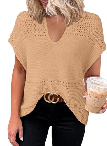 Dokotoo Womens Spring Summer Tops 2026 Dressy Casual Blouses V Neck Knit Tops Pullover Short Sleeve Sweater for Women Loose Fit Tunic Tops Polo Shirts for Women Brown Tops Business Casual Clothing S - Image 1