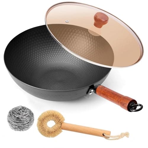 WANGYUANJI 12.6-Inch Carbon Steel Wok with Lid, Flat Bottom Nonstick Chinese Wok Pan with Detachable Wooden Handle for Induction, Gas & Electric, 5 QT Stir Fry Pan - Image 1