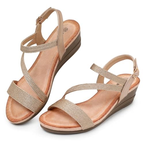 Goldnut Champagne Wedge Sandals for Women Dressy: Summer Low Wedges Sandal - Women's Champagne Strappy Sandals Comfortable Casual Size 6 - Image 1