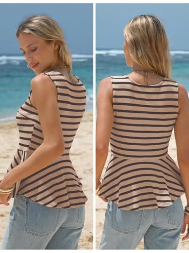 EXLURA Women Summer Tank Tops 97% Cotton Waffle Knit Peplum Top Sleeveless Crewneck Striped Ruffle Hem Business Casual Shirts Khaki Brown - Thumbnail 5