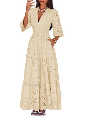 Lazysmile Long Sleeve Dresses for Women V Neck Hollow Out Eyelet Ruffle Swing A-Line Fall Vacation Boho Maxi Dress Apricot - Image 1