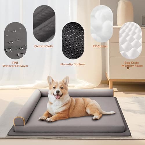 Chew-Proof Dog Bed Medium Size Dog Orthopedic Waterproof Pet Bed Memory Foam with Anti-Slip Mat Washable Dog Couch (Grey) - Thumbnail 2