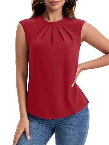 Funlingo Womens Summer Tops 2026 Dressy Casual Short Cap Sleeve Shirts Crew Neck Office Work Blouses Business Formal Outfits Red M - Thumbnail 2