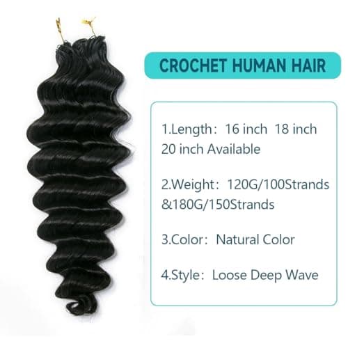 Crochet Human Hair Loose Deep Wave Reusable Knotless Human Hair Crochet 180G 150 Strands Human Crochet Hair for Black Women 20 Inch NC - Thumbnail 2