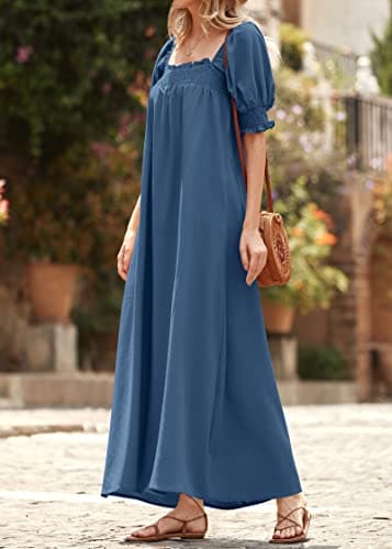 KIRUNDO Women 2026 Summer Maxi Dress Casual Loose Puff Sleeve Square Neck Maternity Flowy Long Beach Dresses with Pockets(Dark Blue, X-Large) - Thumbnail 6