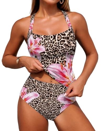 ZAFUL Womens Tummy Control Tankini Swimsuit Bathing Suits Two Piece Ruched Swimsuits Swim Top with High Waist Bottoms Leopard L - Image 1