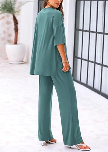 KIRUNDO 2 Piece Lounge Sets for Women Airport Travel Vacation Outfits Summer Casual Loose Short Sleeve Tops & Wide Leg Pants(Fruit Green, XX-Large) - Thumbnail 2