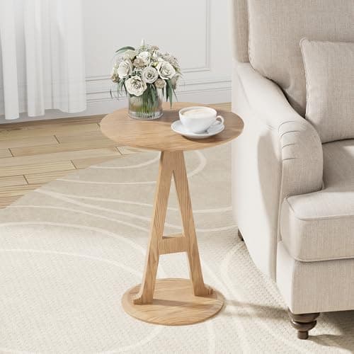 Aoligrace Round End Table, Unique Pedestal Side Table with Letter A Leg, Wooden Accent Tables for Couch, Living Room, Walnut Bedside Drink Table for Small Spaces, Bedroom, Corner, Easy to Assemble - Thumbnail 2