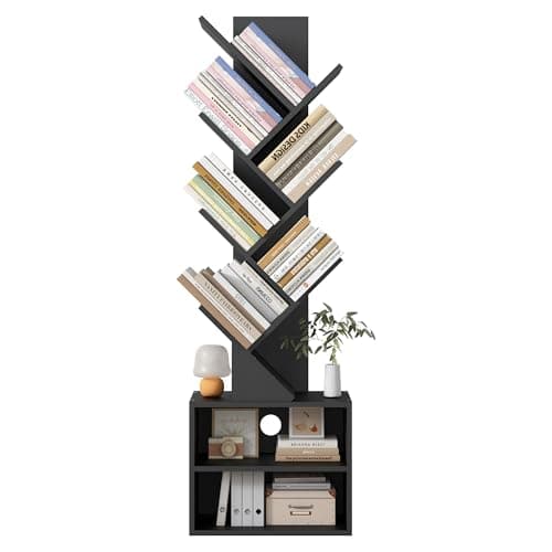 Azaeahom 6 Tier Tree Bookshelf, Wood Bookcase with Storage Cabinet, Modern Tall Narrow Bookshelves Organizer, Floor Standing Book Shelf for Bedroom/Living Room/Home Office/Corner (Black, 6 Tier) - Image 1