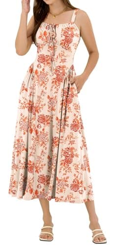 ZAFUL Floral Dress for Women Corset Dress Wedding Guest Flowy Dresses for Women A Line Casual Sundress with Pockets Orange Floral L - Thumbnail 6